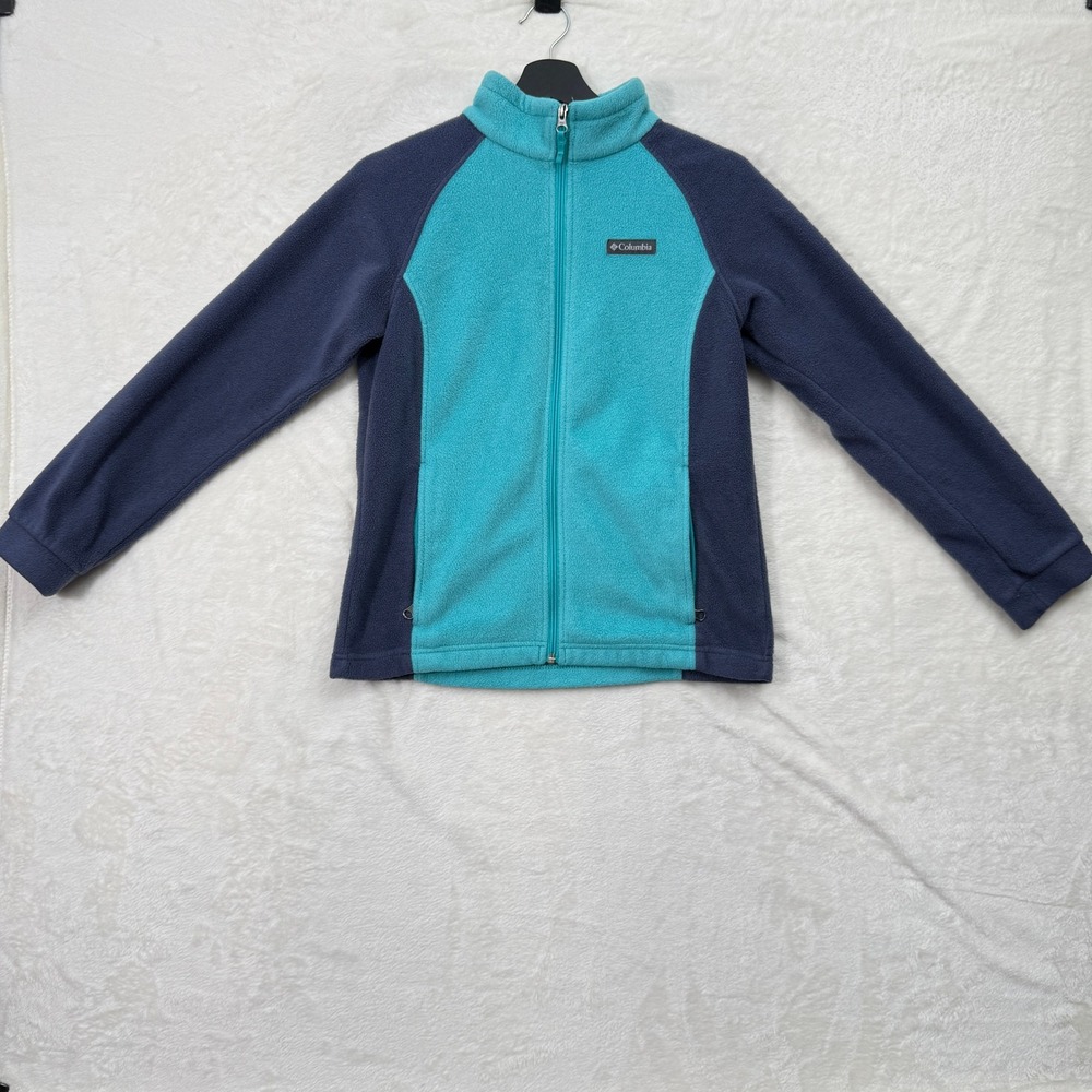 Columbia Fleece Jacket Girls L 14/16 Teal Navy Blue‎ WG6756 Full Zip Colorblock